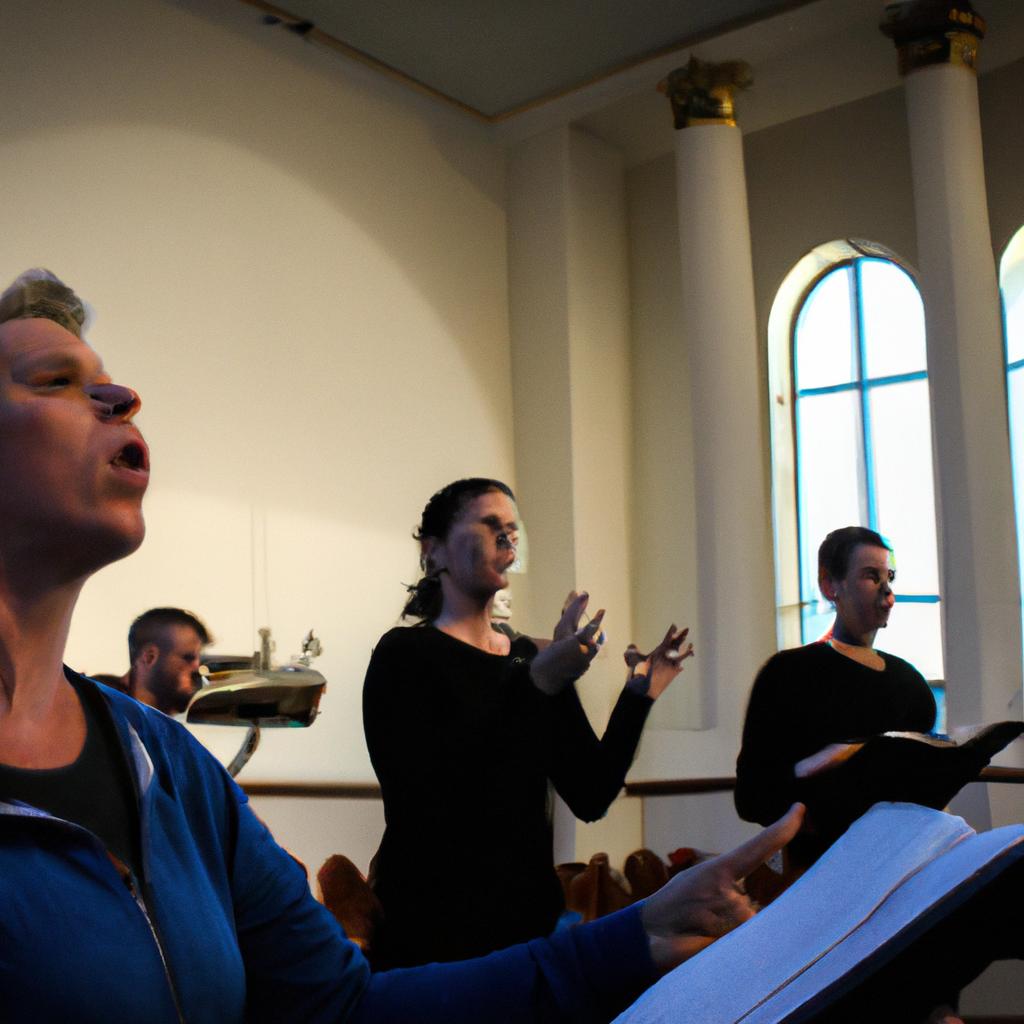 Person singing in choir rehearsal