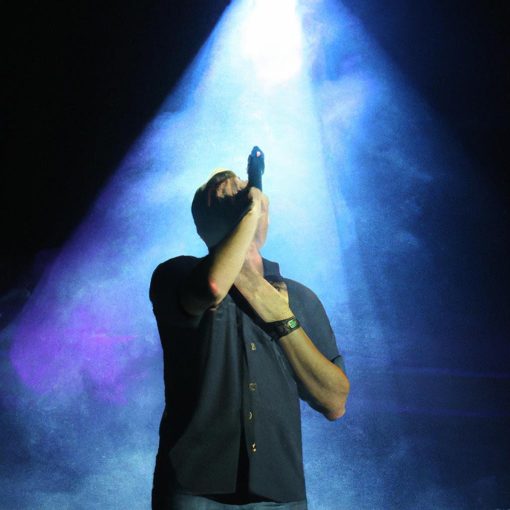 Person singing on stage, spotlight